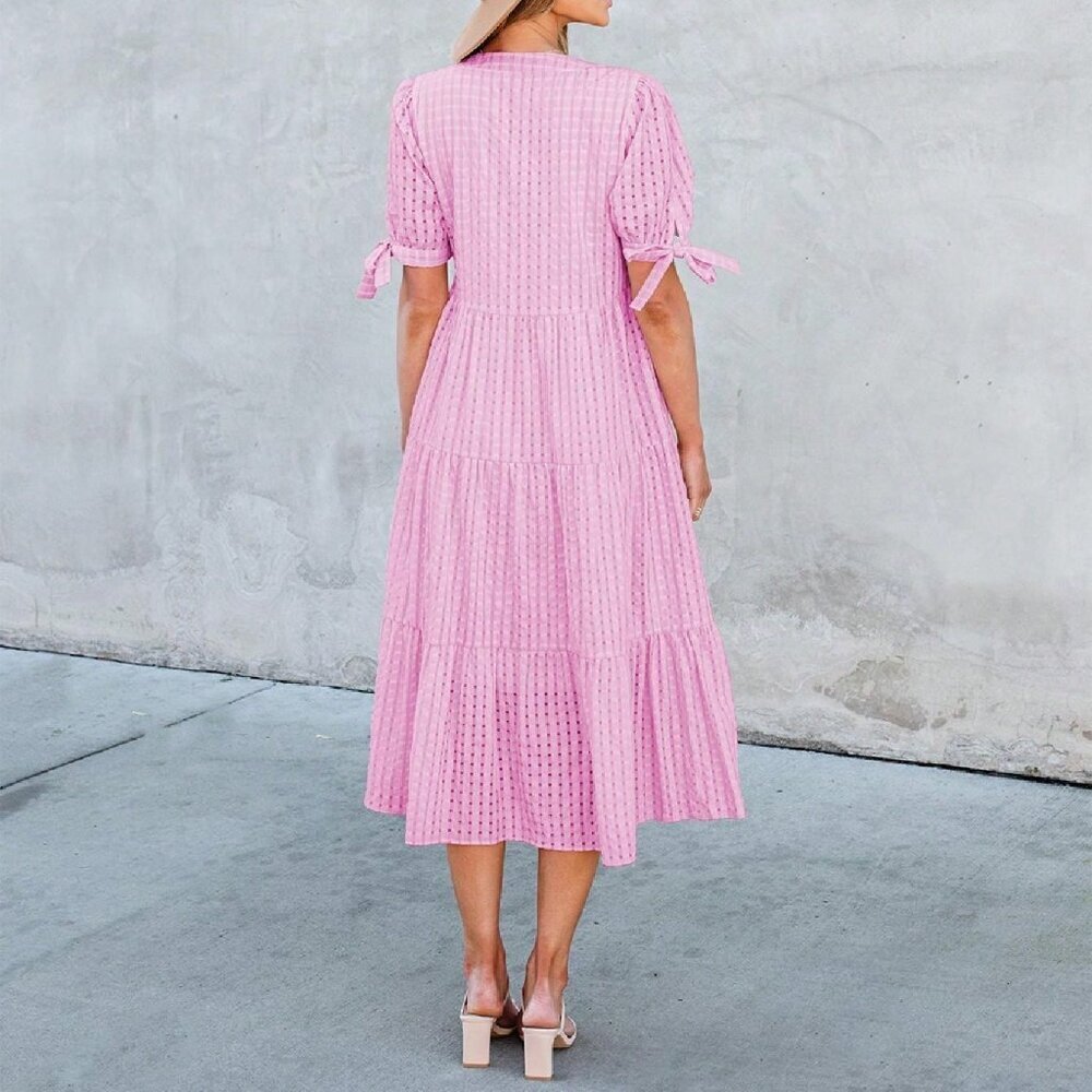 Pink Elegant Women's Casual V Neck Plaid Midi Maternity Dress - Picture 5 of 5